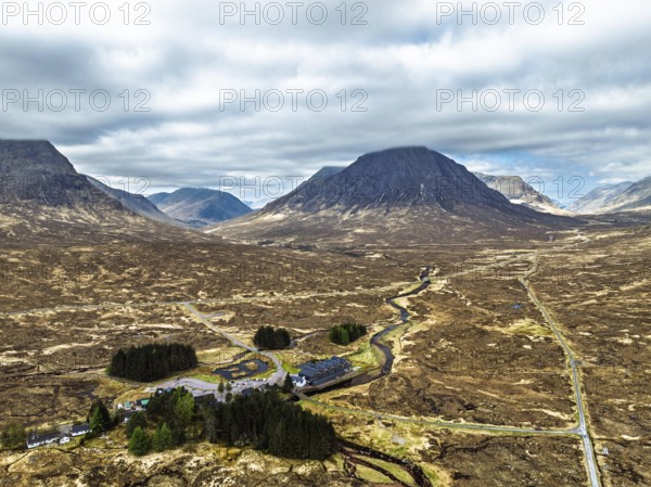 Mountains and Moors over Glen Etive Valley from a drone, Buachaille Etive Mòr, The Buachaille,