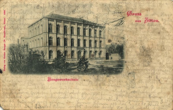 Historical postcard, picture postcard, Baugewerkschule in Zittau, Saxony, Germany, digitally