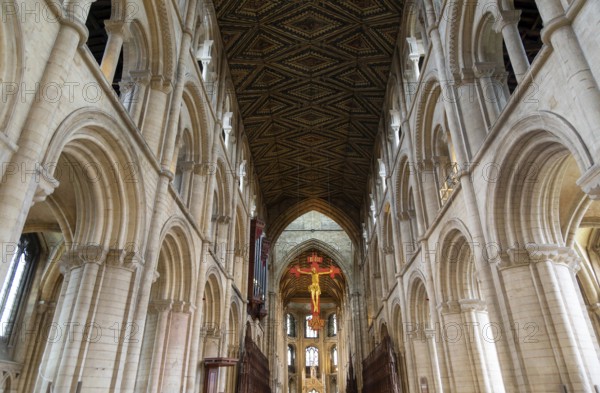 Interior of cathedral church, Peterborough, Cambridgeshire, England, UK looking up at ceiling and