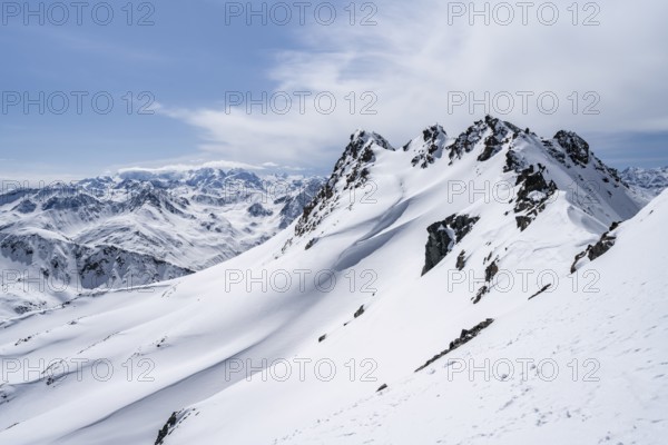 View of mountain panorama with mountain peaks of the Bernina group, mountain landscape in winter on