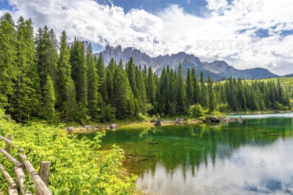 Emerald waters reflecting latemar mountain range and lush forest in the italian dolomites on a