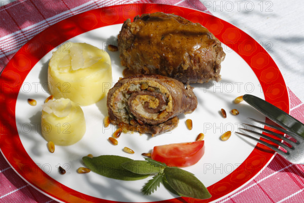 Swabian cuisine, beef roulade with pine nuts, mashed potatoes, meat dish, main course, herbs,