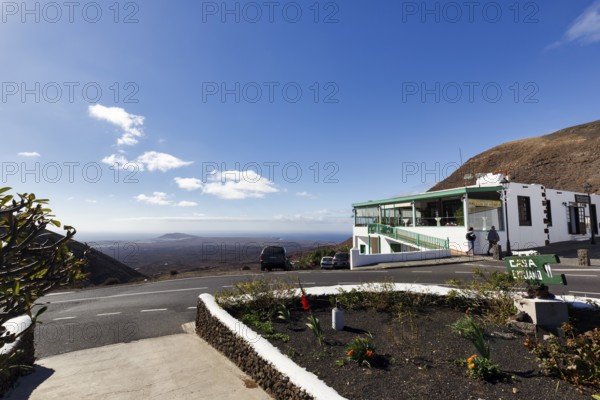 Viewpoint with Balcon de Femes restaurant, mountain village of Femes, Yaiza, Lanzarote, Spain,