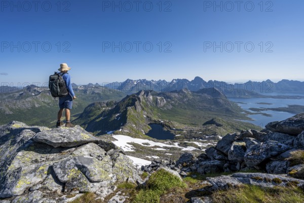 View of mountain landscape, mountain panorama, mountaineer at the summit of Rundfjellet, lake