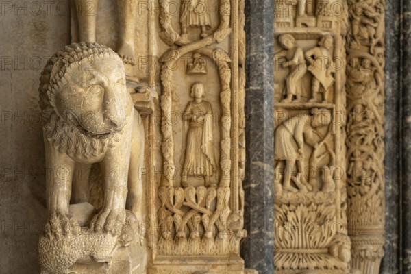 Lion at Radovan's portal of the Cathedral of St Lawrence in Trogir, Croatia, Europe