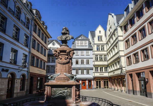 New Old Town, Hühnermarkt with Friedrich Stoltze Fountain, Frankfurt am Main, Hesse, Germany,