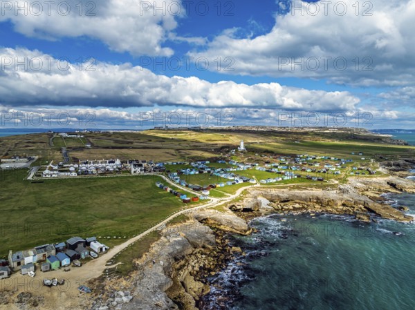 Portland Bird Observatory from a drone, Bill Lighthouse, Portland Bill, Isle of Portland, Dorset,