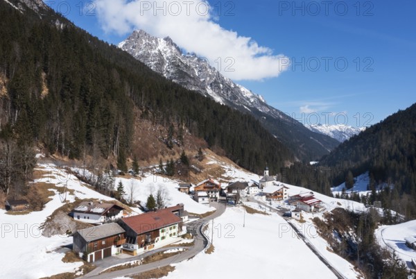 Drone image, view of the village with parish church, Hinterhornbach, Hornbachtal, Reutte district,