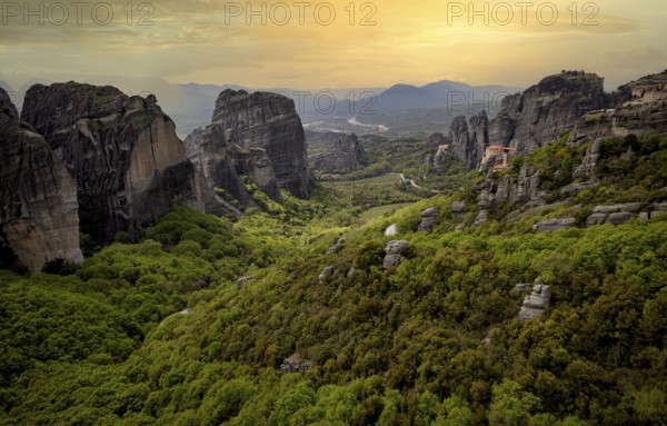 Sunset over the Monastery of Rousanou and the Monastery of St Nicholas Anapavsa, Anapavsas, Metéora
