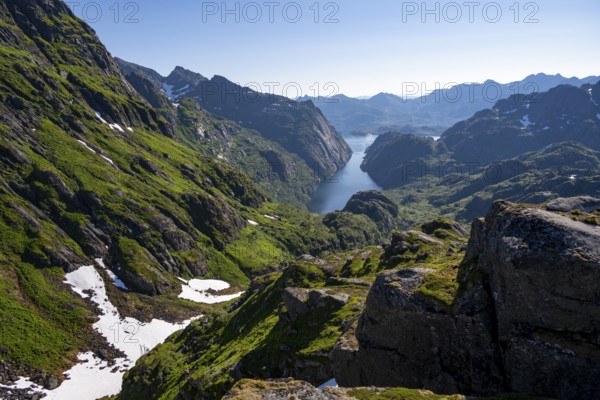 Picturesque mountain landscape, Trollfjord and Raftsund fjord, hike to Trollfjord Hytta, Lofoten,