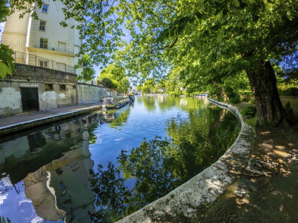 Calm waters reflecting buildings and lush trees along little venice canal in london, offering a