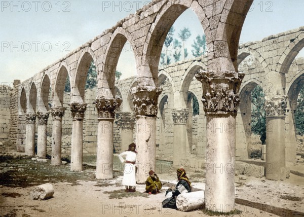 Colonnade of the ancient mosque, Baalbek, Holy Land, Lebanon, c. 1890, Historic, digitally restored