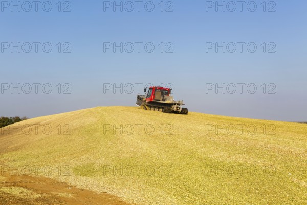 Piston Bully tracked bulldozer vehicle building silage clamp of sweetcorn maize in field stored for