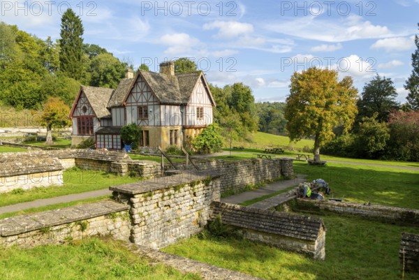 Overview of excavated walls and museum building, Chedworth Roman Villa, Chedworth, Cotswolds,