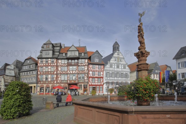 Historic half-timbered houses and market fountain, Haus Zum goldenen Löwen built in 1709 with slate