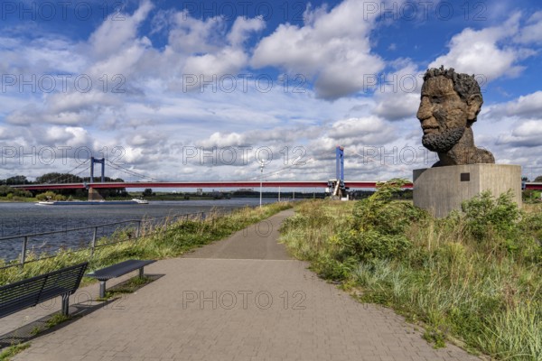 The Friedrich Ebert Bridge over the Rhine between Ruhort and Homberg, Mercator Island, sculpture