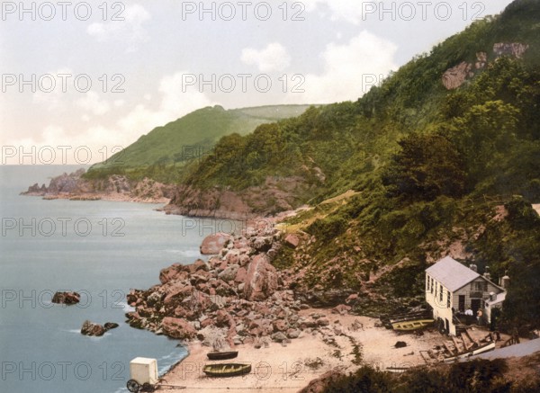 Anstey's Cove, Torquay, England, Historic, digitally restored reproduction from a 19th century