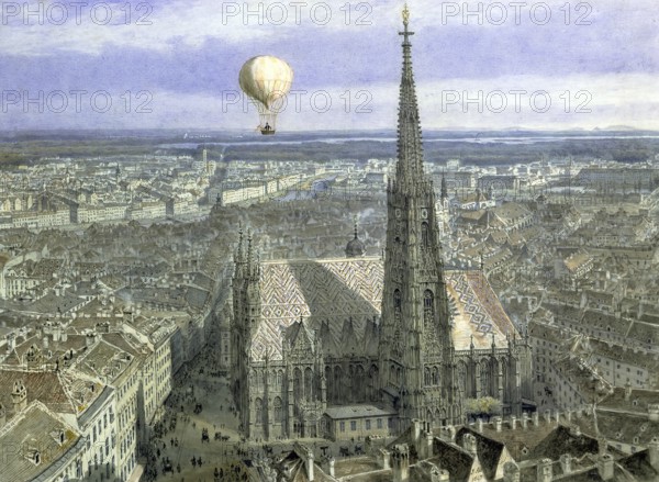 Hot air balloon flies over the city of Vienna and St Stephen's Cathedral, 1847, Painting by Jakob