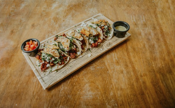 Traditional tacos al pastor with sauces served on a wooden board. Delicious Mexican chicken tacos