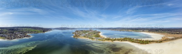 Aerial view, panorama of the island of Reichenau at low tide and spring-like vegetation, Lake
