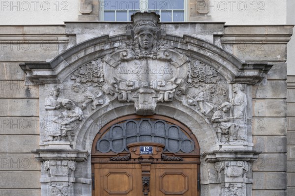 Detail of the entrance portal of the Marie-Theres-Gymnasium, neo-baroque, built in 1909,