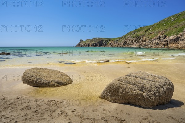 Sandy beach beach and rocks in Nanjizal Bay or Nanjizal Beach. St Just, Penzance, Cornwall,