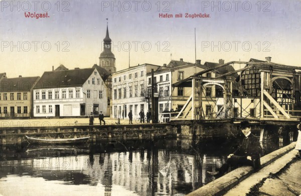Historical postcard, picture postcard, harbour with drawbridge of Wolgast, Mecklenburg-Western