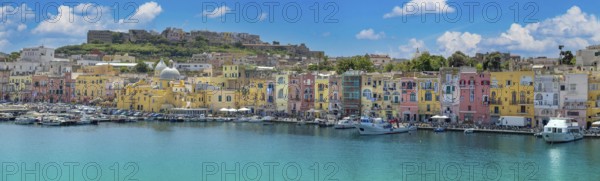 Procida Island, Campania, Italy, June 10, 2022: Italy, Procida Island shoreline with shops and