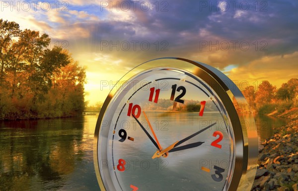 Symbol photo, clock, time, clock face, time, season, sunset, lake, landscape, sensation, sense of