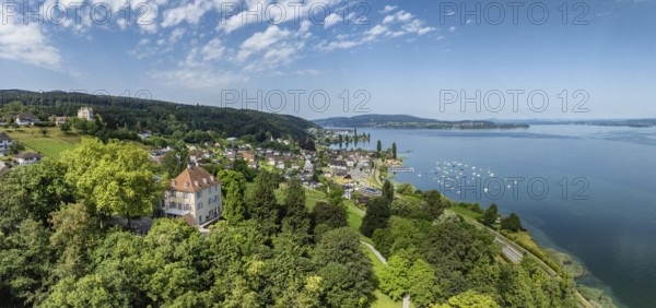 Aerial view, panorama of Arenenberg with Arenenberg Castle, Napoleon Museum, on the lakeshore the