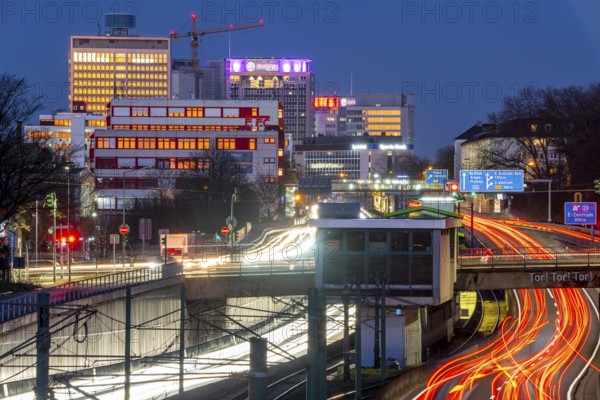 The skyline of Essen city centre, A40 motorway, Ruhr Expressway, North Rhine-Westphalia, Germany,