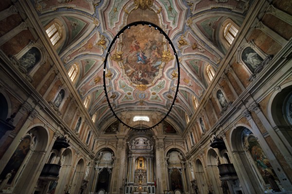 Interior view, nave, ceiling painting, ceiling, perspective painting, chancel, Loreto Church,