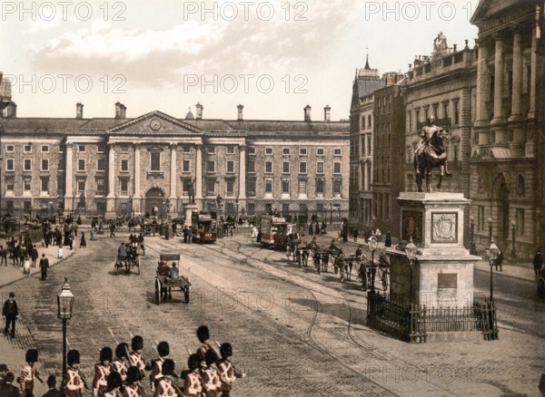 College Green, Dublin, Ireland, Historic, digitally restored reproduction from a 19th century