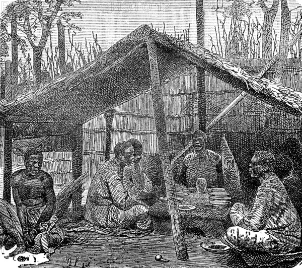 Men from the Kabinda tribe, district in the Democratic Republic of the Congo, in a hut, Africa,