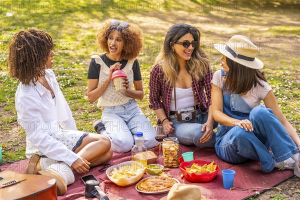 Four female friends enjoying a lively picnic in the park, sharing snacks, laughing, and creating