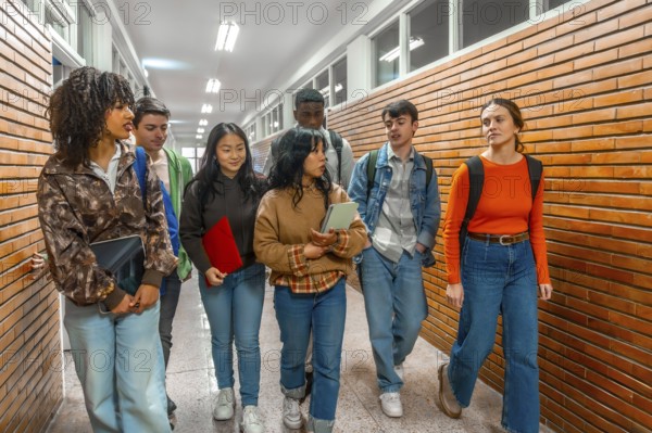 Multi ethnic university students walking down school hallway, chatting and holding books and