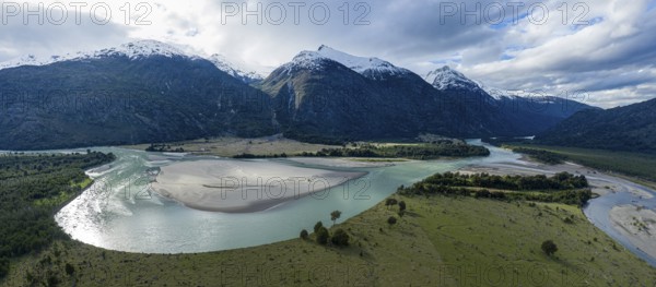 Aerial view over Rio Baker at the Rio Nadis mountain range south of Cochrane, Patagonia, Chile,