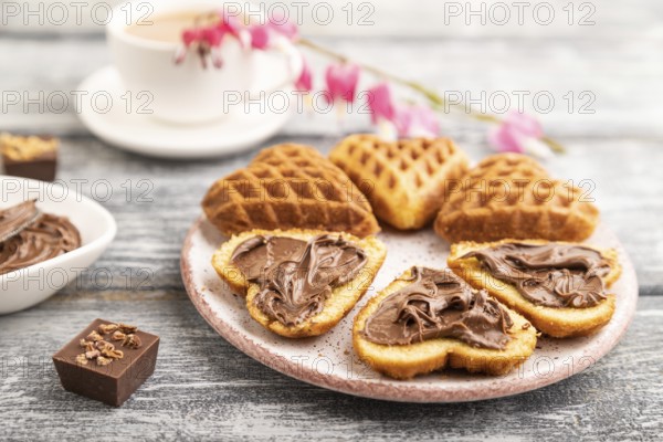 Homemade waffle with chocolate butter and cup of coffee on a gray wooden background. side view,