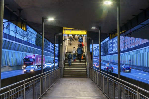 Underground station, Breslauer Straße U18, in the middle of the A40 motorway, Essen city centre,