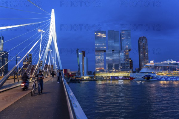 Rotterdam, skyline at the Nieuwe Maas, Erasmus Bridge, skyscrapers at the Kop van Zuid district,