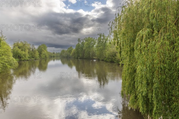 Stormy weather over a tree-lined natural river in spring. L'ill, Hutenheim, Bas Rhin, Alsace,