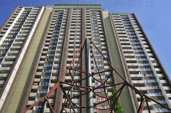 Residential tower block KölnBerg, a social hotspot in the Meschenich district of Cologne, North