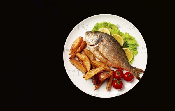 Fried Dorado fish, with potatoes, top view, on a black background, no people