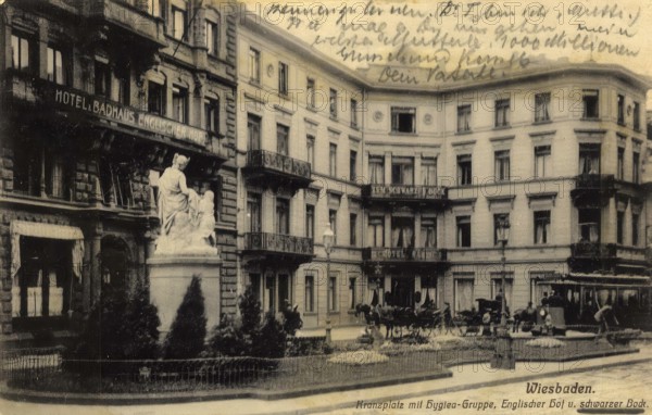 Historical postcard, picture postcard, Kranzplatz in Wiesbaden, Hesse, Germany, digitally enhanced