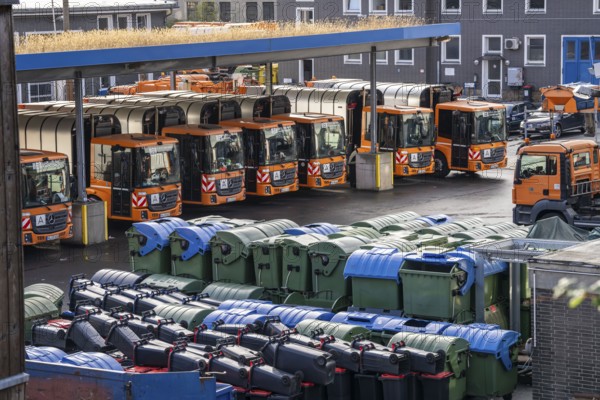 Hagener Entsorgunsbetriebe depot, refuse lorry, various refuse bins, containers, North