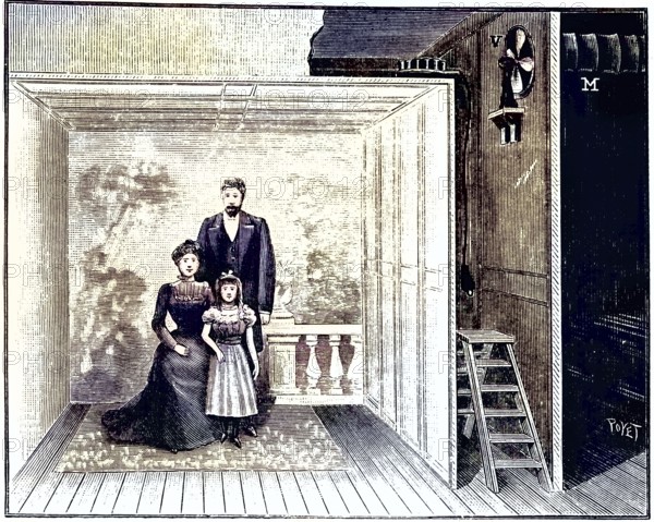 Boyer's photo studio, a wooden scaffold with gauze-like material stretched over it. This produced