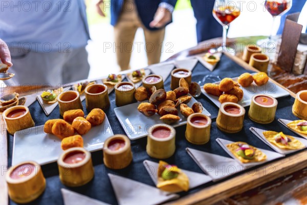 Gourmet appetizers beautifully arranged on a tray at a wedding reception, featuring various finger