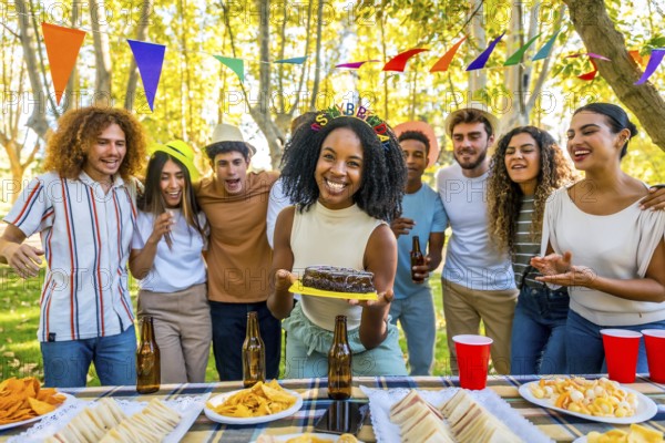 African woman celebrating birthday with cake during picnic with multi-ethnic friends in a public