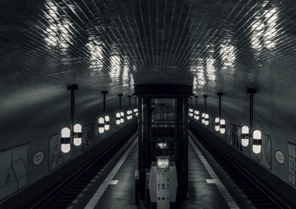 Black and white photograph, interior shot, Märkisches Museum underground station, Berlin, Germany,