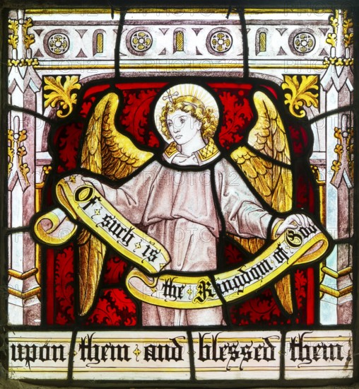 Detail of angel on stained glass window 'Suffer the Little Children' by Burlison & Grylls c 1880,